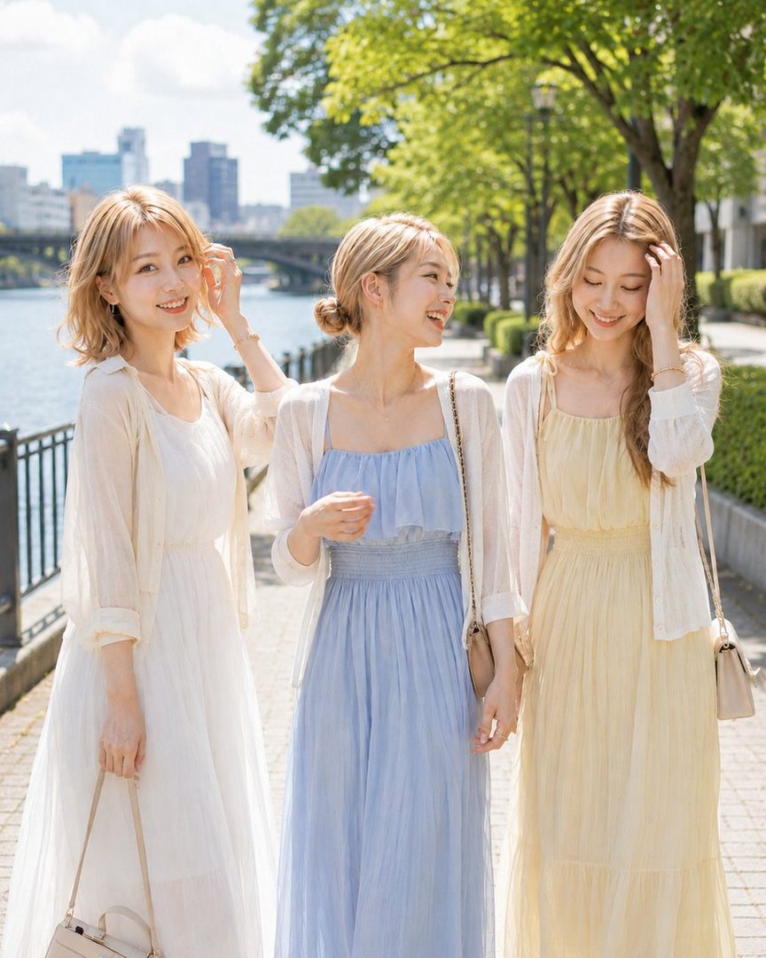 Three young women with blonde hair are walking along a riverside promenade on a sunny day, wearing light pastel maxi dresses and cardigans.