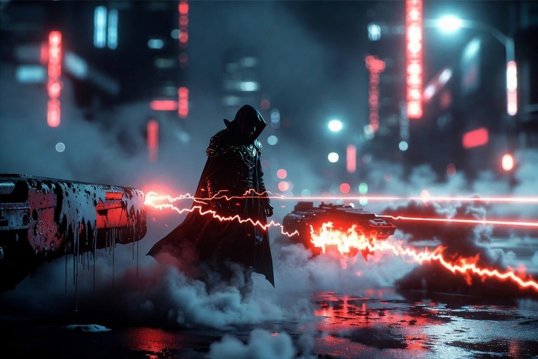 A hooded figure in dark, ornate armor stands in a smoky, neon-lit city street at night, with red energy beams emanating from vehicles.