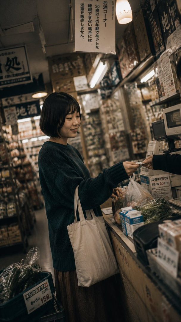 A young Japanese woman with short black hair smiles while paying at a convenience store counter, holding a tote bag.