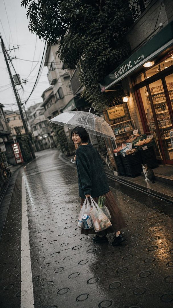 A young Japanese woman with a short black bob haircut smiles as she walks down a wet street in Japan holding an umbrella and shopping bags.