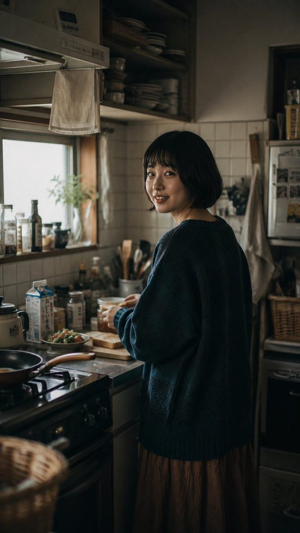 A young Japanese woman with a short black bob haircut smiles warmly while standing in a wet kitchen, preparing food.
