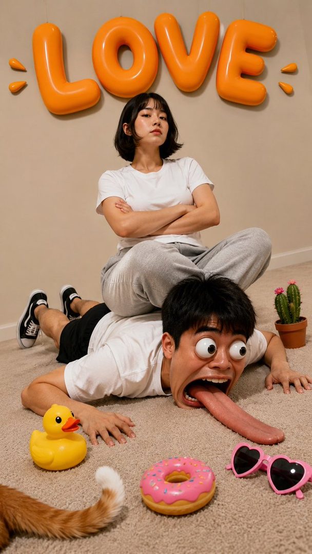 A humorous and surreal photo of a woman sitting on a man with a comically distorted face, surrounded by toys and the word 'LOVE' in bubble letters.