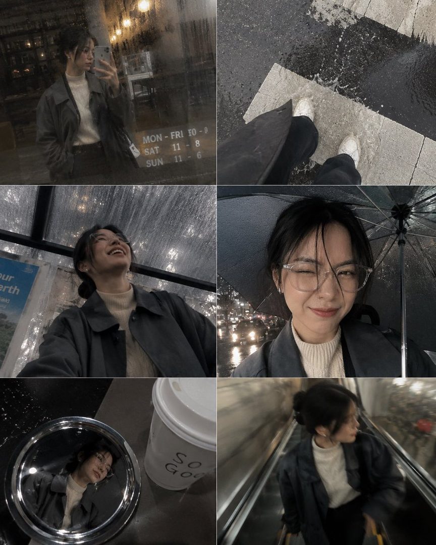 Collage of a young woman's rainy day errands, featuring selfies, reflections, and candid shots in urban settings.
