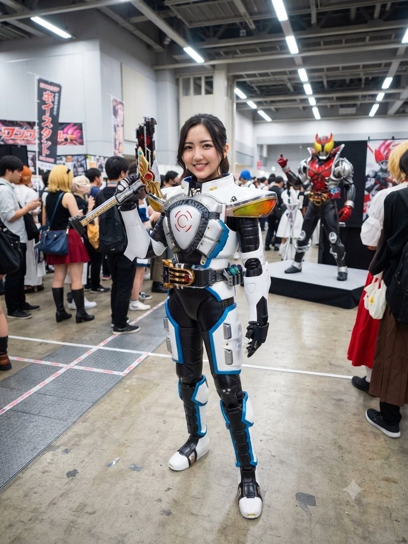 A young woman in a white and blue Kamen Rider Ikazuchi cosplay costume, holding a prop weapon, smiles at the camera at an indoor event.