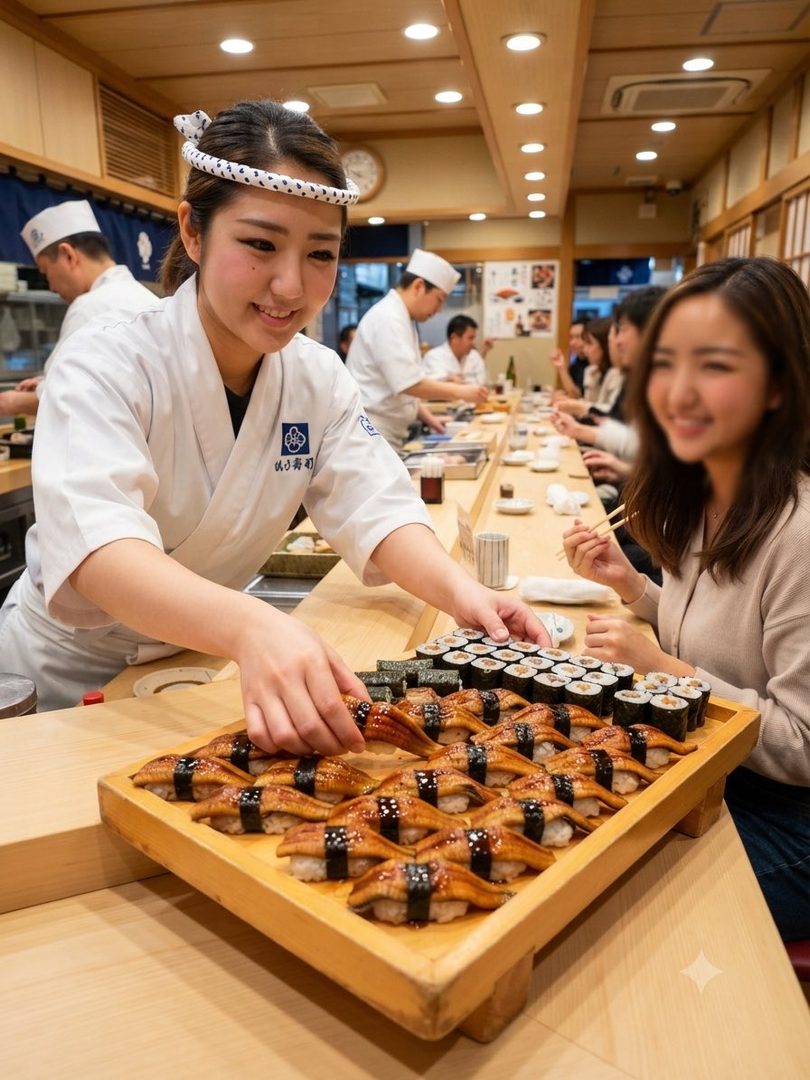 A smiling young woman in a chef's uniform serves sushi at a restaurant counter.