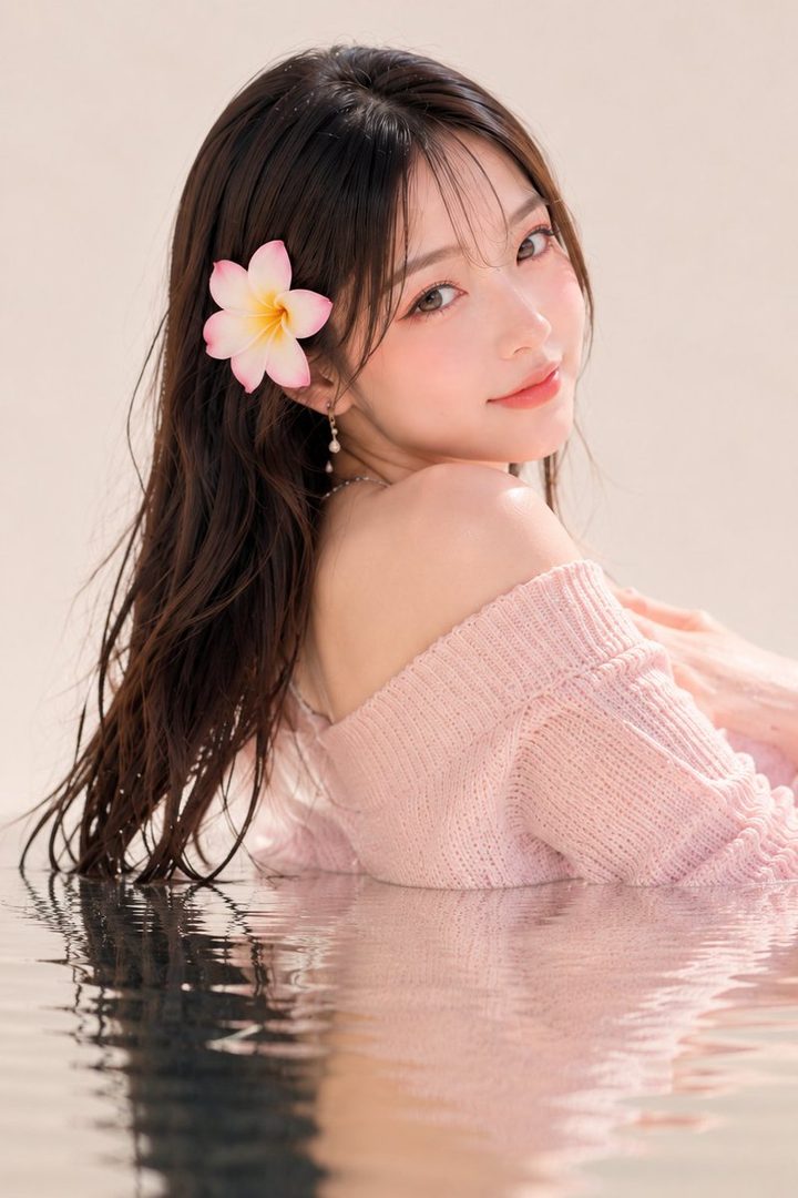 A beautiful East Asian woman with long dark hair adorned with a pink and yellow flower, wearing a pink off-the-shoulder sweater, posing in water.