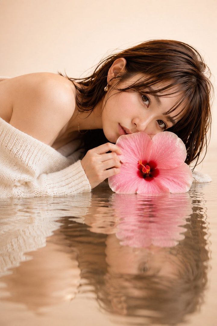 A beautiful AI-generated portrait of a young woman with long brown hair, wearing a cream-colored sweater, holding a pink hibiscus flower, with her reflection visible in the water.