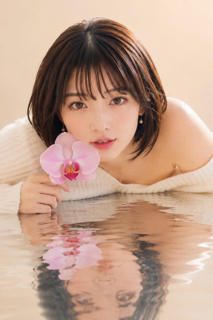 A beautiful AI-generated portrait of a young woman with short brown hair, holding a pink orchid, with a reflection in the water.