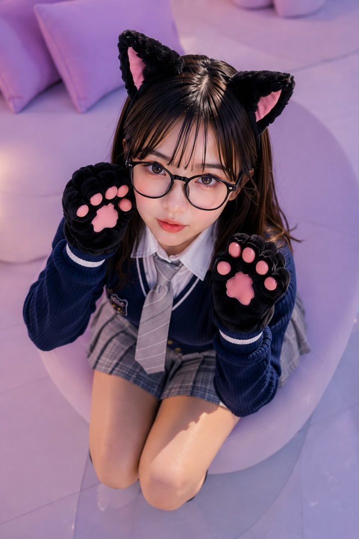 A young woman with black hair and glasses, wearing a school uniform and cat ears, poses playfully with paw-shaped gloves.