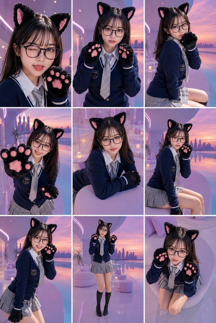 A young woman with black hair, wearing glasses and a school uniform with cat ears and paws, poses playfully.