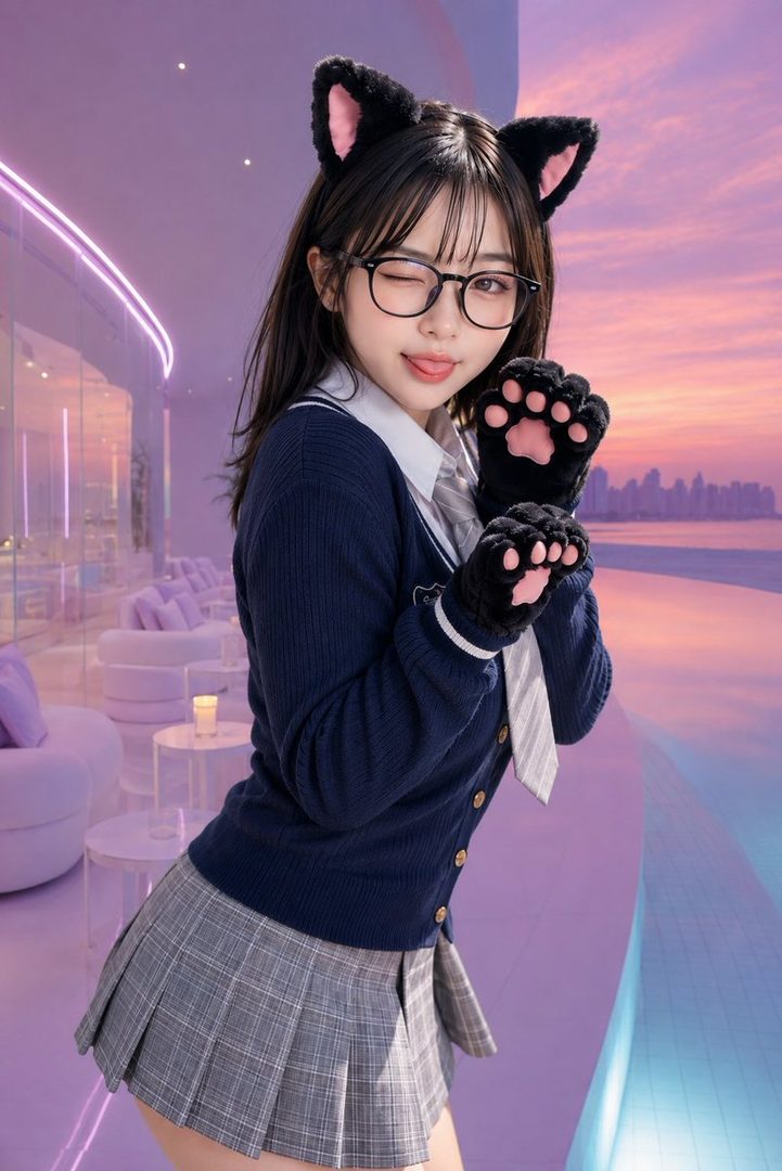 A young woman with black hair, wearing glasses, a school uniform, and cat ears, poses playfully.