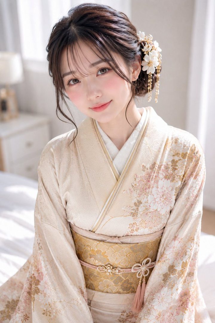 A beautiful AI-generated portrait of a young East Asian woman in a traditional kimono, with her hair styled elegantly and adorned with flowers.