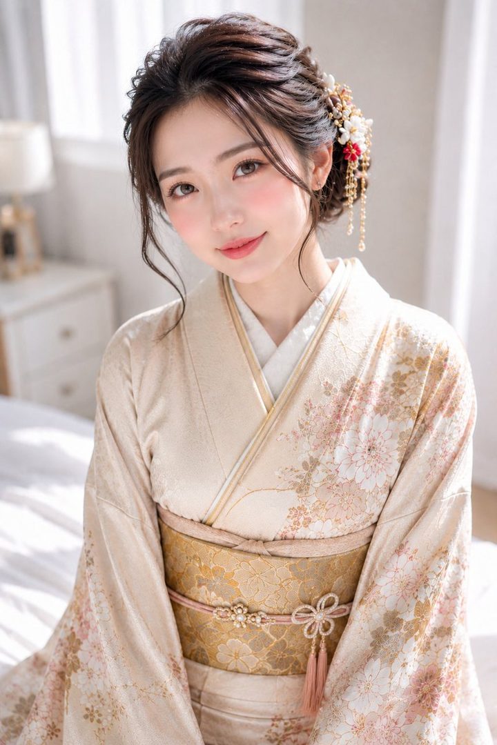 A beautiful East Asian woman with dark hair styled up, wearing a traditional kimono with floral patterns, posing indoors.