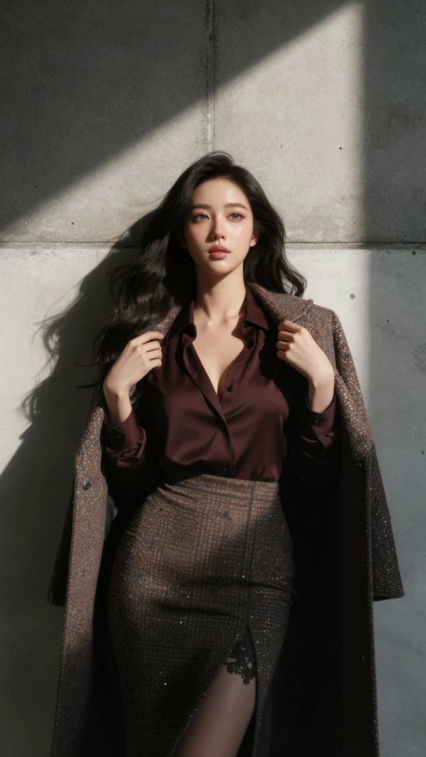 A woman with long dark hair poses against a concrete wall, bathed in dramatic light and shadow, wearing a stylish coat and skirt.