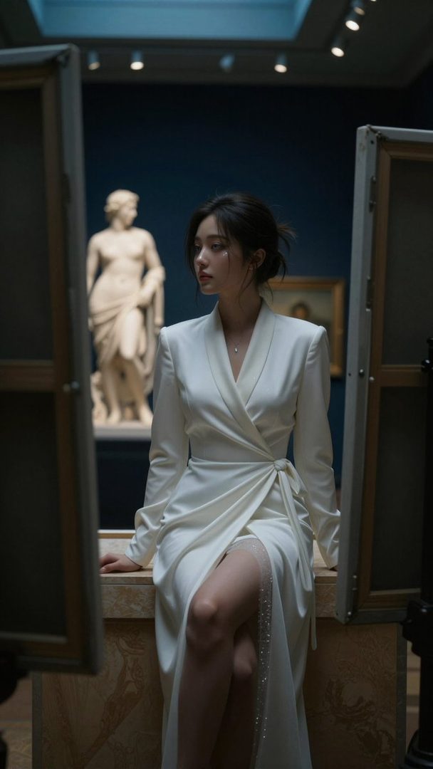 A woman in a white dress sits in a museum, looking away from the camera with a thoughtful expression.
