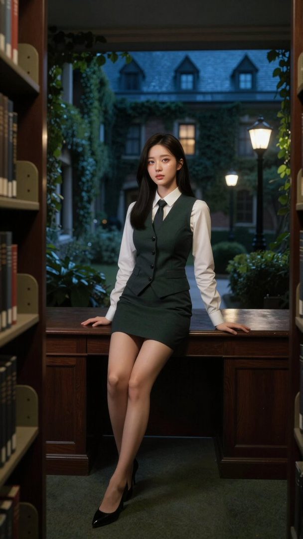 A young woman in a dark green school uniform, including a vest and tie, poses elegantly in a library at night.