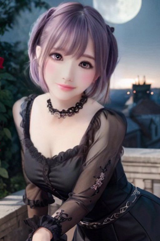 A beautiful AI-generated portrait of a young woman with purple twin-tail hair, wearing a black gothic-style dress and a choker, with a moonlit cityscape in the background.