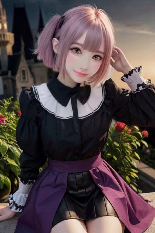 A young woman with pink twin-tail hair and large eyes, wearing a black and white dress with a purple skirt, posing outdoors with a castle in the background.