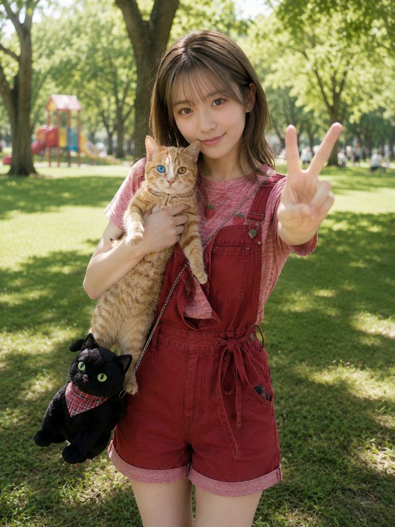 A young woman with brown hair holds a cat and a cat-shaped purse while posing in a park, making a peace sign.