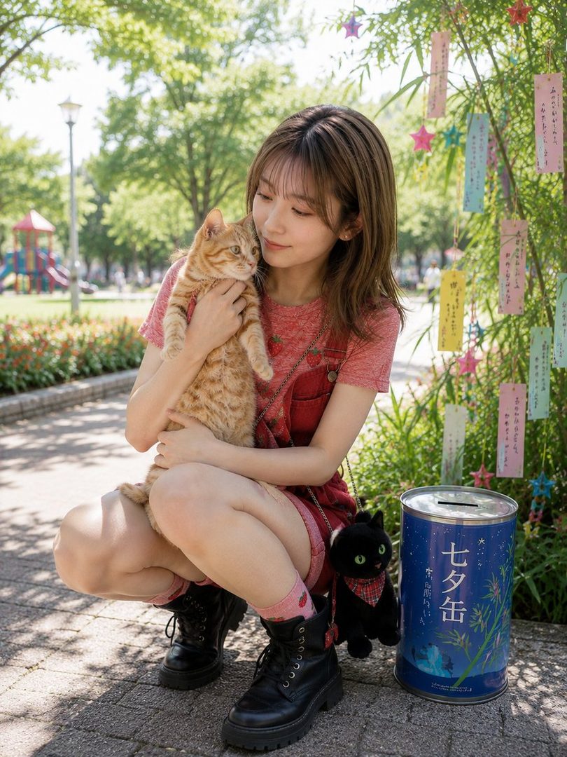 A young woman with brown hair holds a ginger cat while crouching outdoors, with a decorative tin can and bamboo with tanzaku papers in the background.