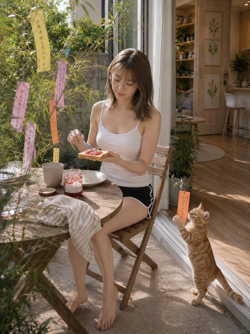 A young woman with brown hair sits at a wooden table outdoors, eating toast with jam, with a cat standing nearby.