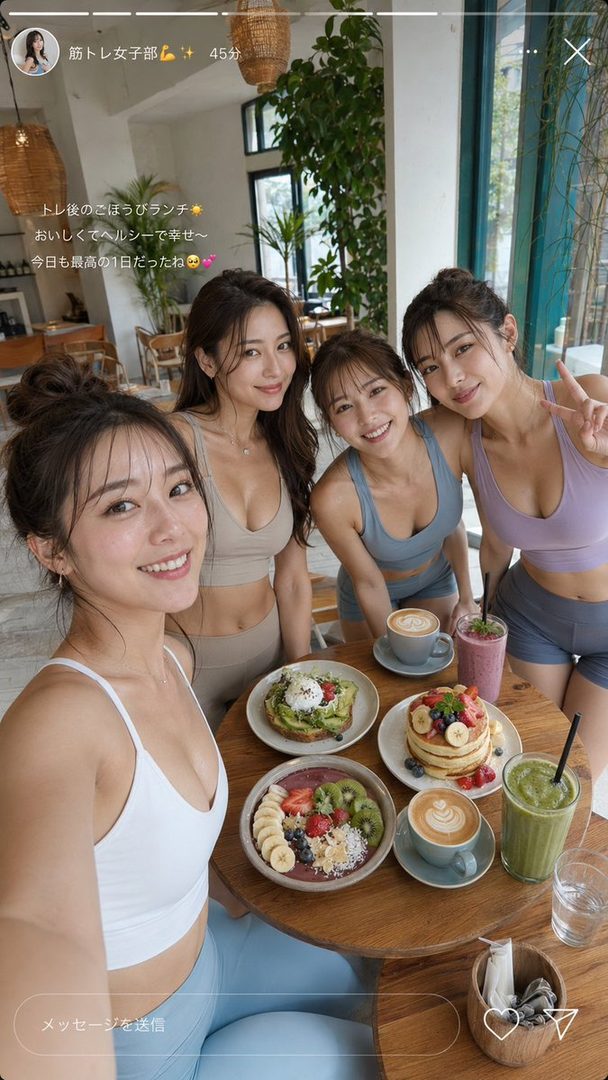 Four smiling women in athletic wear are enjoying a healthy brunch with various dishes and drinks at a cafe.