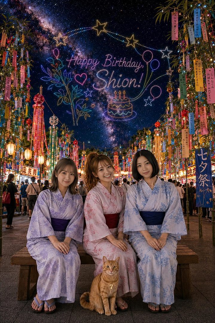 Three young women in yukatas pose for a photo with a cat under a starry sky decorated with Tanabata streamers and lights that say 'Happy Birthday Shion'.