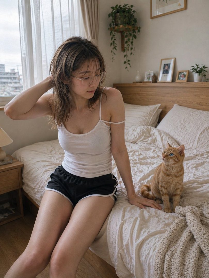 A young woman with brown hair and glasses sits on a bed next to a cat, wearing a white tank top and black shorts.