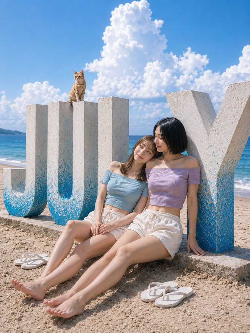 Two young women in off-the-shoulder crop tops and shorts posing on a sandy beach next to large 'JULY' letters, with a cat sitting on top of the letters.