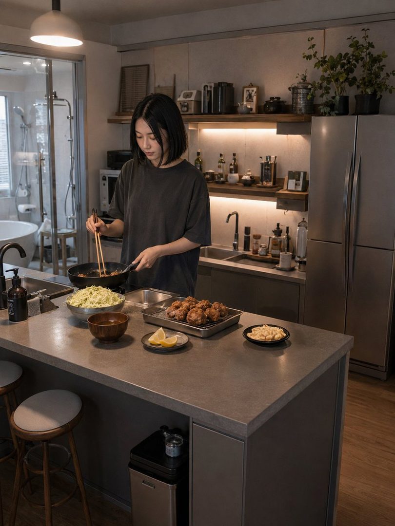 A young East Asian woman with short black hair, wearing a dark t-shirt, is cooking in a modern kitchen. She is standing behind a kitchen island, holding chopsticks and stirring food in a pan. There are various dishes and ingredients on the island, including fried chicken and a bowl of shredded cabbage. The kitchen has sleek cabinets, a refrigerator, and a bathtub visible in the background.