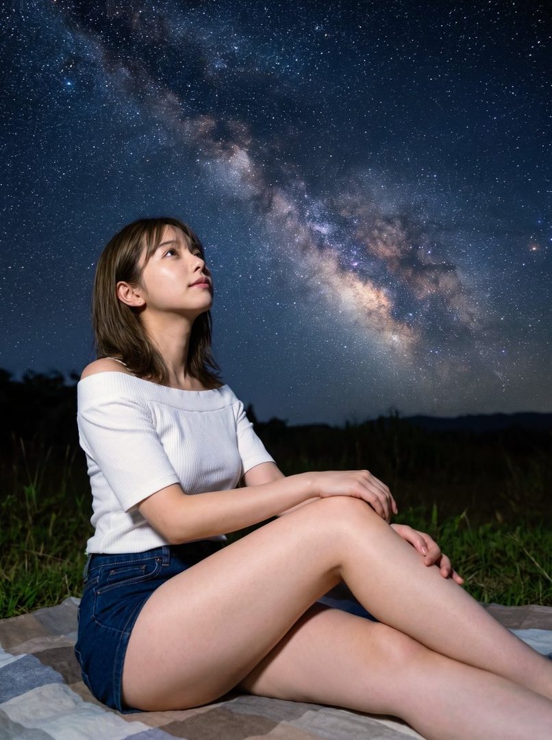 A young woman with short brown hair sits outdoors at night, looking up at the Milky Way galaxy.