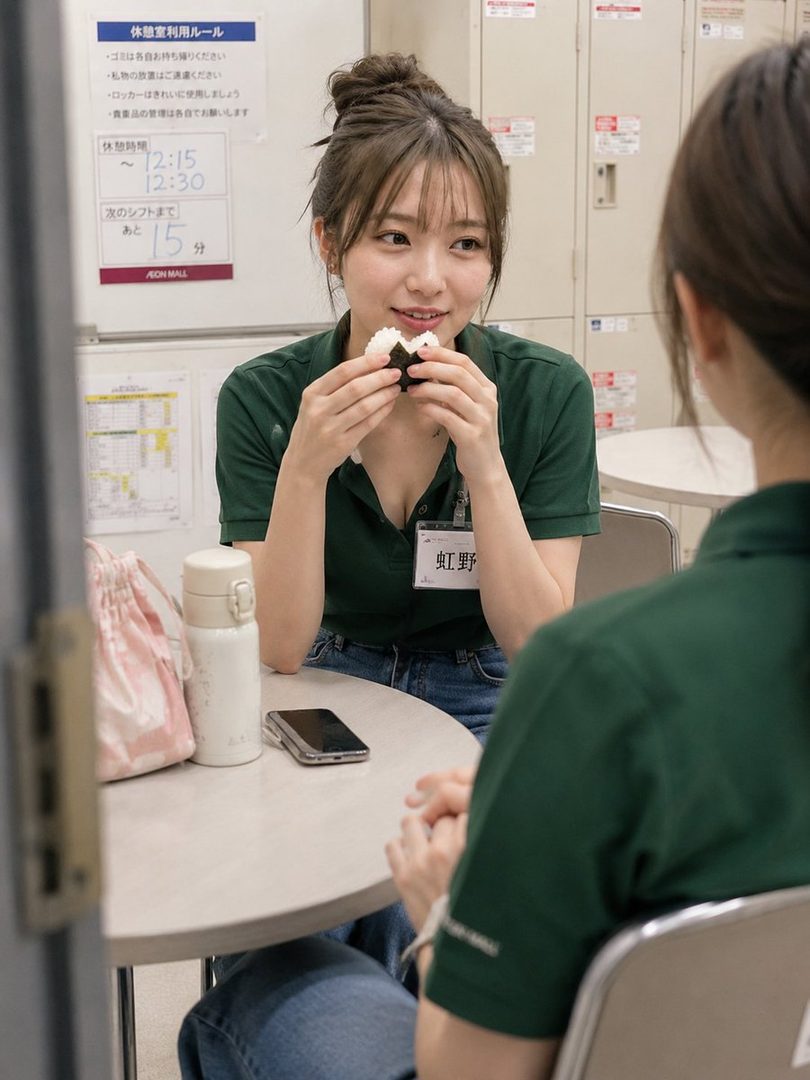 A young Japanese woman in a green polo shirt and jeans eats a rice ball in a break room, with lockers in the background.