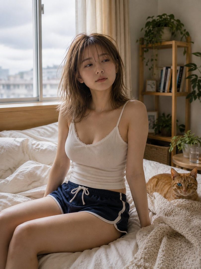 A young woman with brown hair sits on a bed in a white tank top and navy shorts, with a cat lying next to her.
