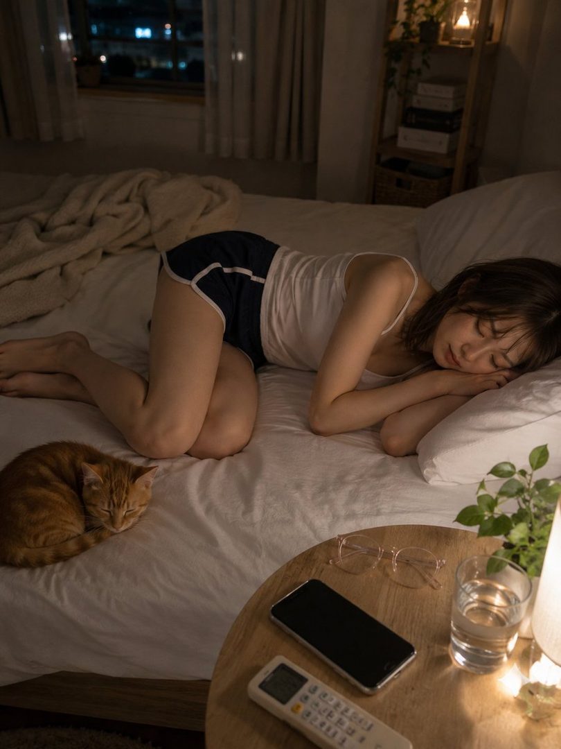 A young woman sleeps peacefully in bed next to a napping cat, with city lights visible through the window.