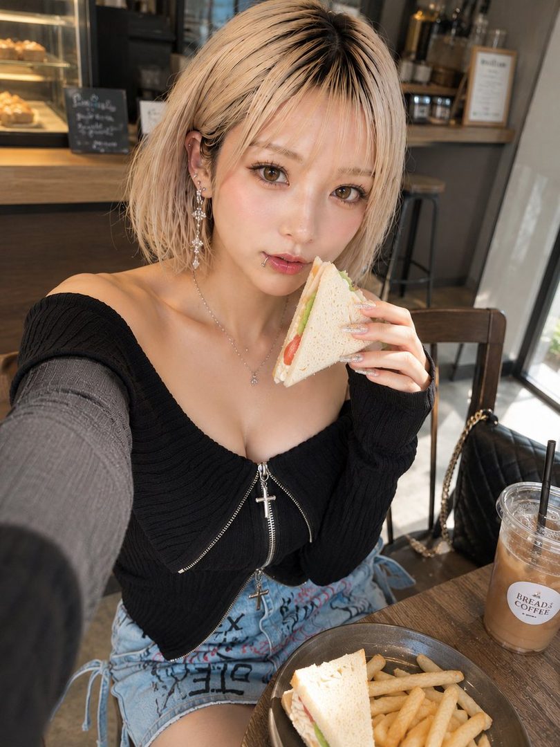 A young Japanese woman with short blonde hair and striking makeup takes a selfie in a cafe, holding a sandwich and looking at the camera.