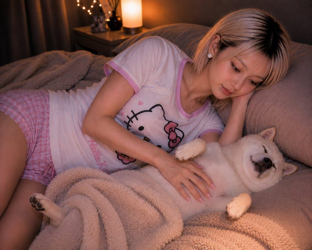 A young woman with short blonde hair lies in bed with a Shiba Inu dog, wearing a Hello Kitty t-shirt and pink checkered shorts.