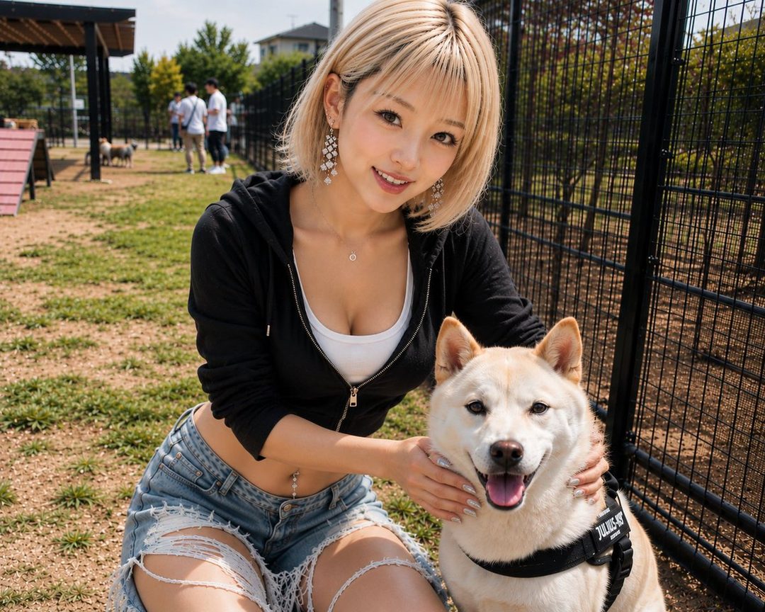 A young Japanese woman with blonde hair and ripped denim shorts poses with a Shiba Inu dog at an outdoor dog run.