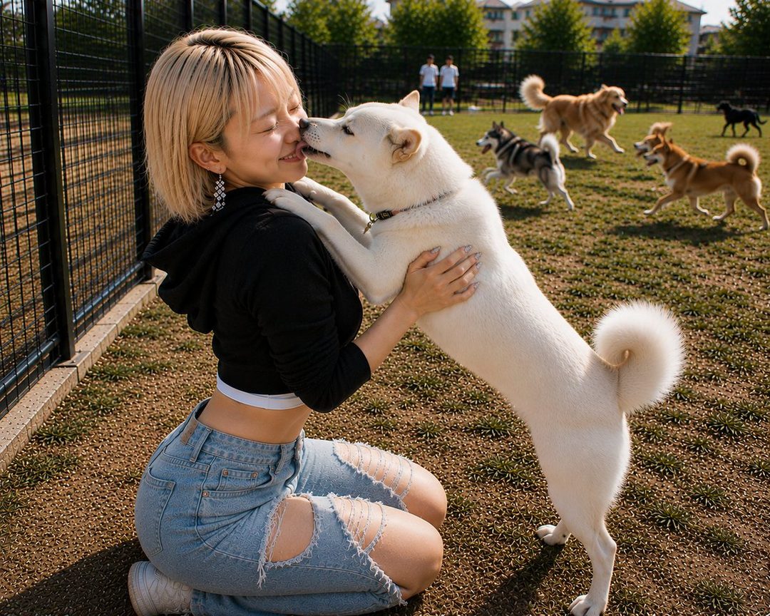 A woman with blonde hair kneels on the ground at a dog park, affectionately nuzzling a white Shiba Inu while other dogs play in the background.
