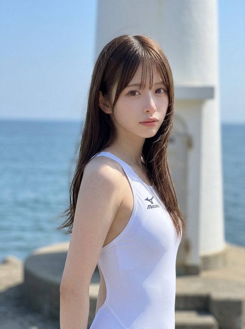 A young Japanese woman with long brown hair, wearing a white one-piece swimsuit, poses outdoors by the sea with a lighthouse in the background.
