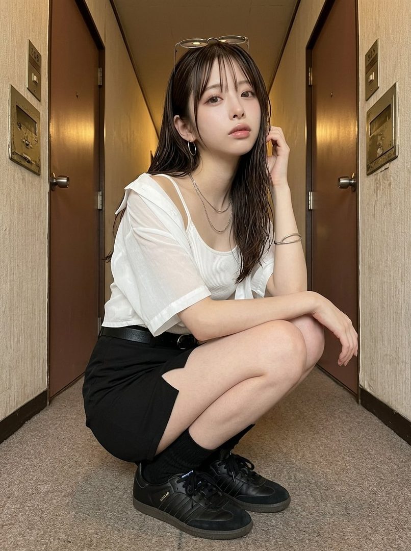 A young Japanese woman with long brown hair, wearing a white top and black skirt, poses in a hallway.