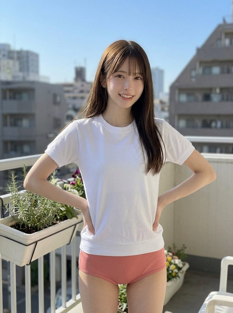 A young woman with long brown hair and bangs, wearing a white t-shirt and pink shorts, poses on a balcony with buildings in the background.