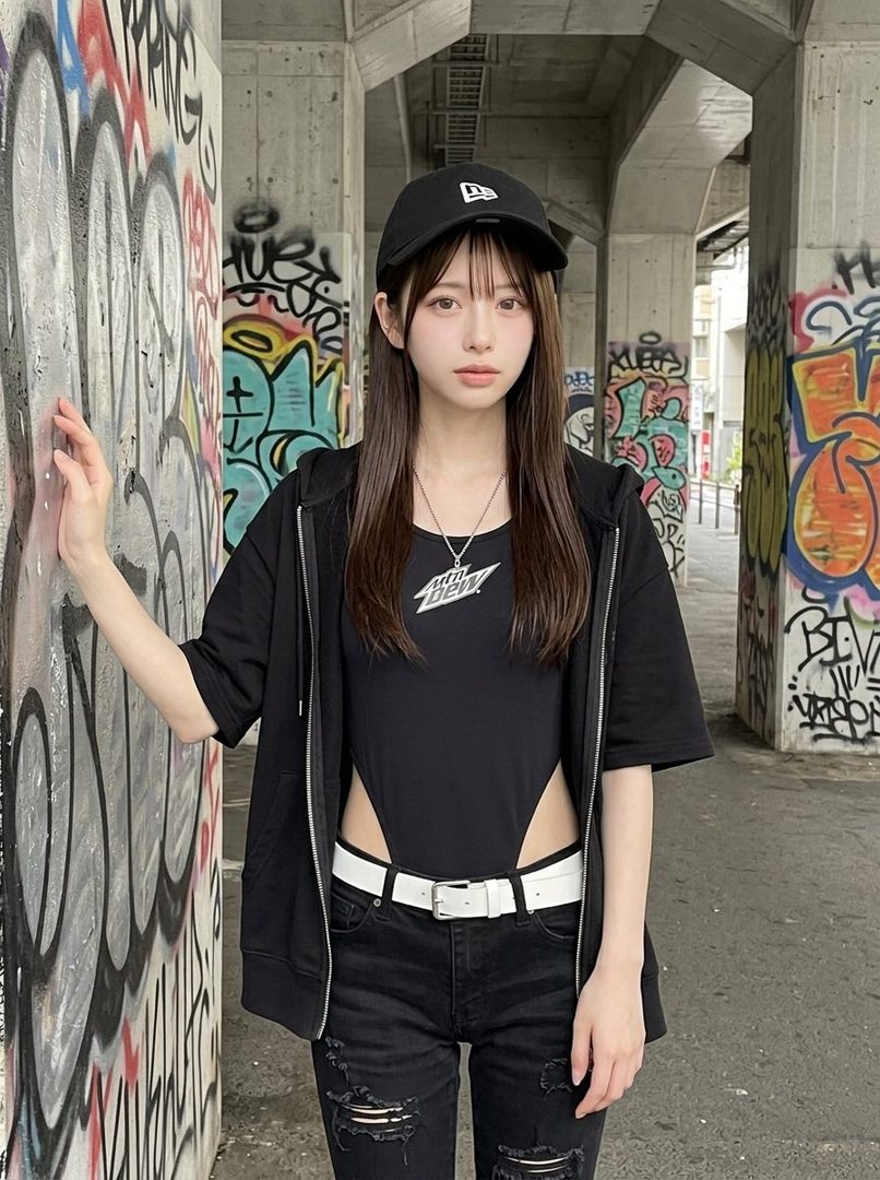 A young woman with long dark hair, wearing a black cap, black zip-up hoodie over a black bodysuit, and ripped black jeans, stands against a graffiti-covered wall.