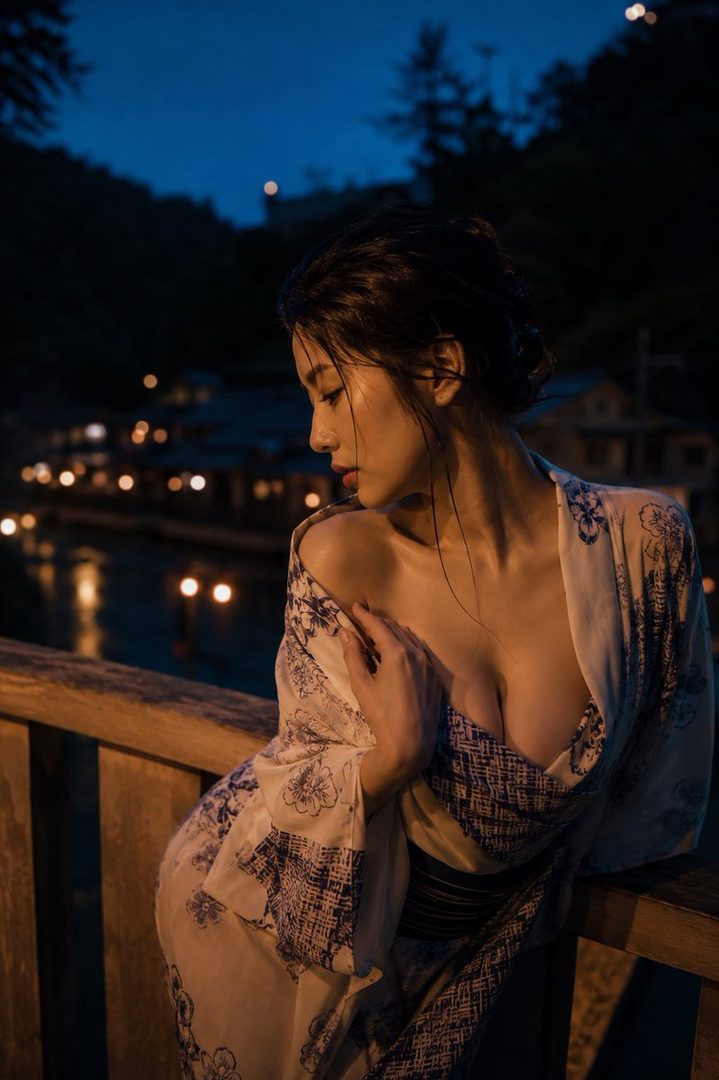 A woman in a yukata poses on a wooden bridge at night, with a blurred background of a town and river.