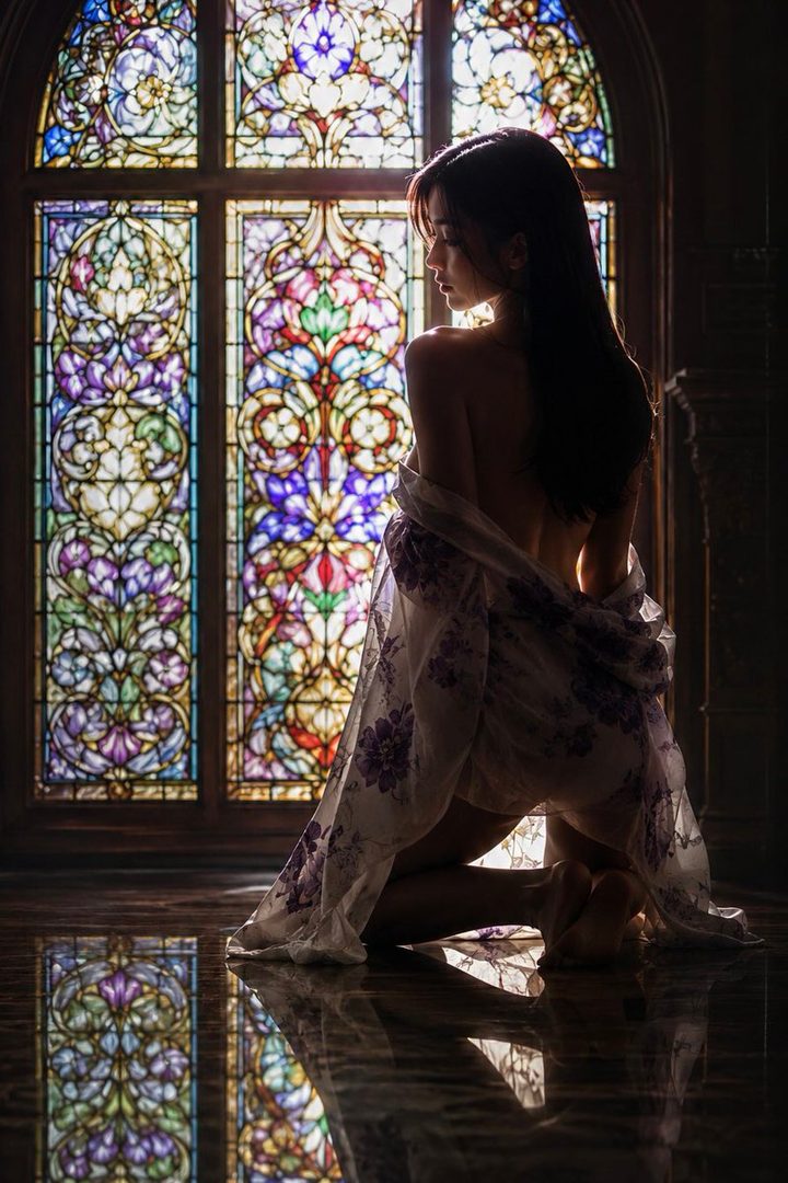 A woman kneels in front of a stained glass window, wearing a light robe draped off her shoulders.