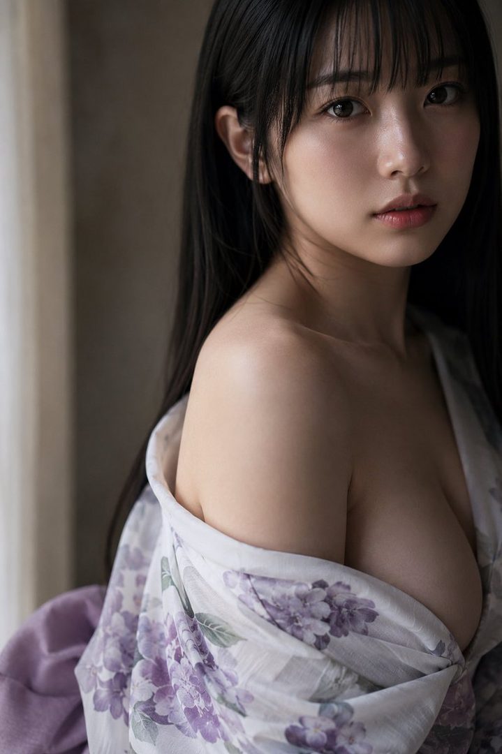 A beautiful East Asian woman with long black hair, wearing a floral yukata, poses elegantly indoors.
