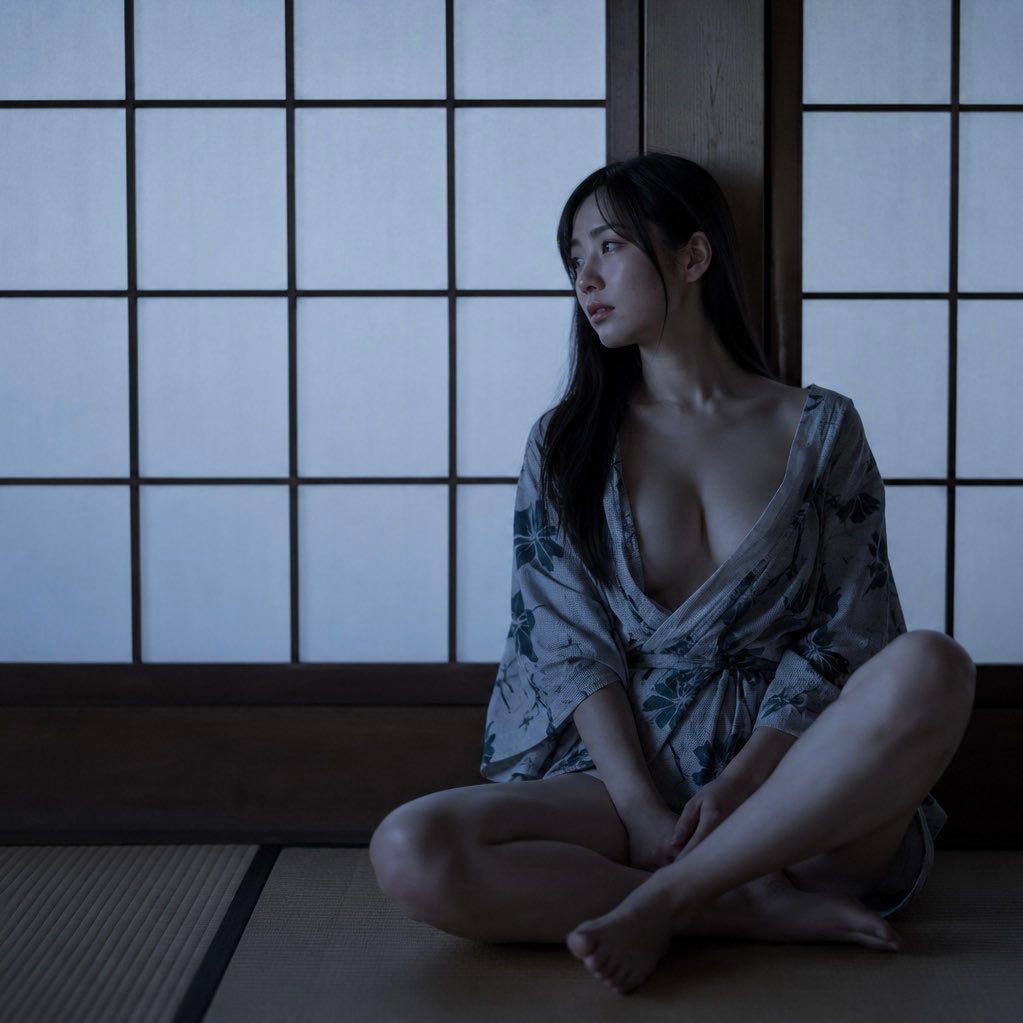 A young East Asian woman with long black hair sits cross-legged indoors, wearing a patterned robe that reveals her chest, looking thoughtfully to the side.