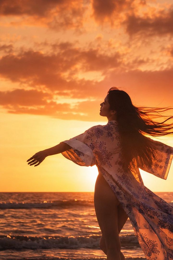A woman with long dark hair stands on a beach at sunset, wearing a flowing kimono-style robe, with her arms outstretched.