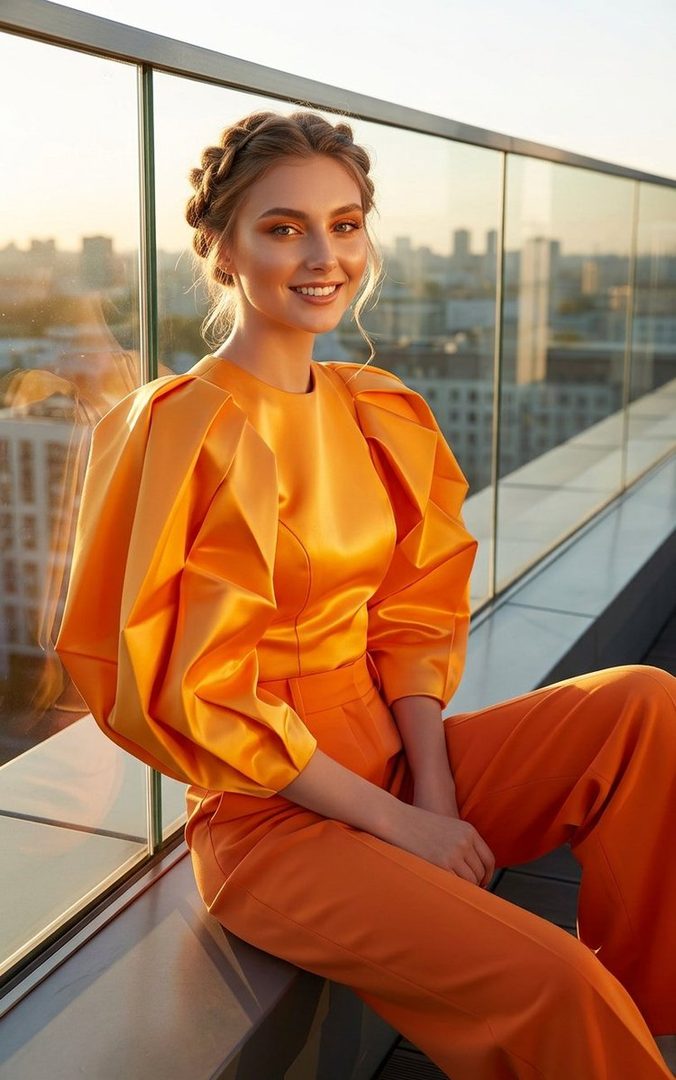 A smiling woman with braided hair and dramatic orange sleeves sits on a rooftop at golden hour.