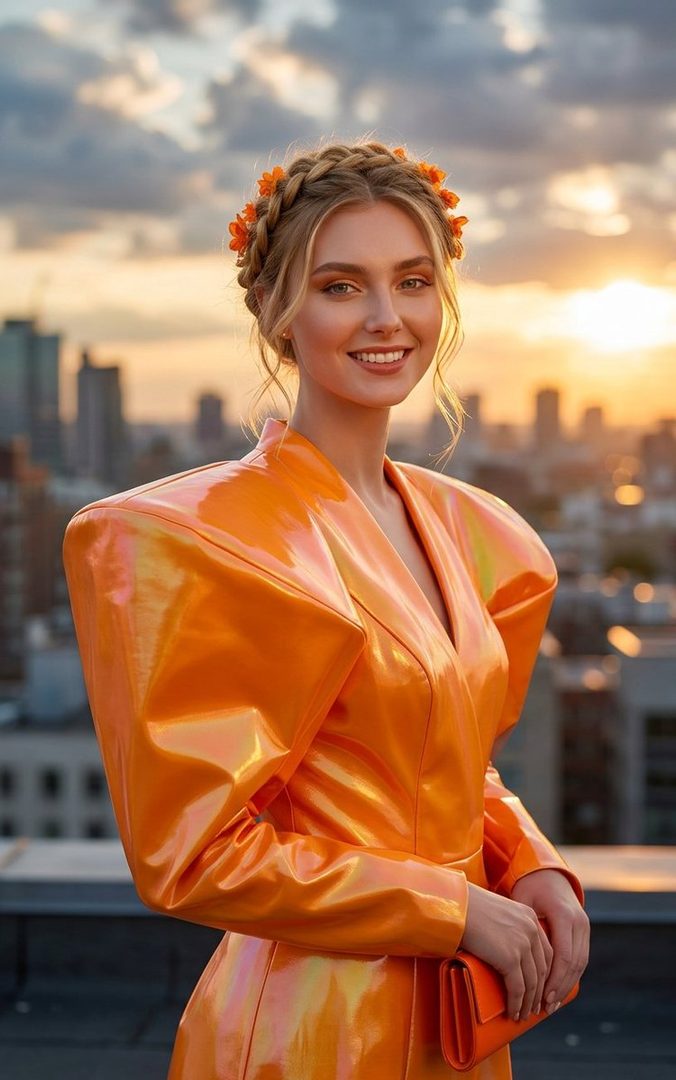 A blonde woman with braided hair adorned with orange flowers smiles confidently, wearing a vibrant orange dress with dramatic shoulders, standing on a rooftop at sunset.