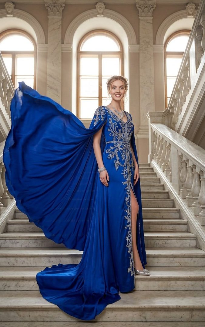 A smiling woman with blonde hair stands on a marble staircase, wearing a flowing royal blue dress with silver embroidery and a dramatic cape.
